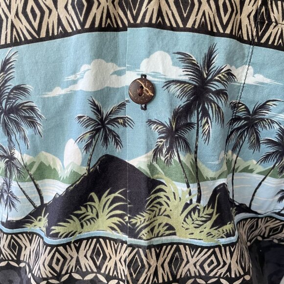 Royal Creations 100% Cotton Black & Blue Palm Tree Print Hawaiian Shirt Size L - Picture 2 of 6